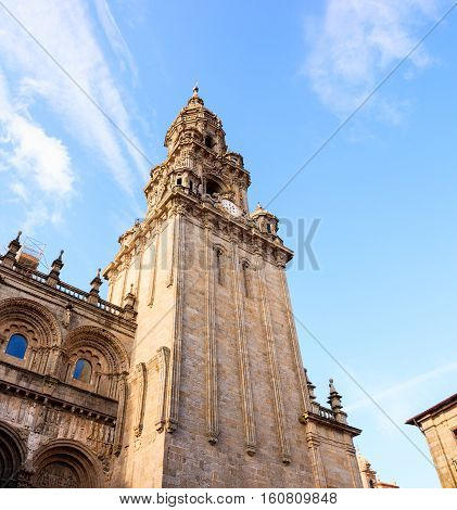 View of the belltower of the Santiago cathedral called North Tower or da Carraca. Spain