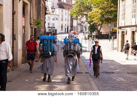 SANTIAGO SPAIN - AUGUST 17: Nuns pilgrimn go to the Santiago cathedral Way of St. James on August 17 2016 on August 17 2016