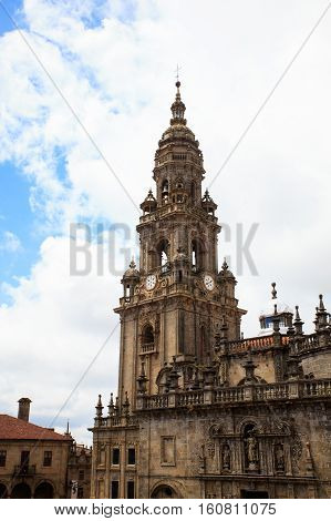 View of the belltower of the Santiago cathedral called North Tower or da Carraca. Spain