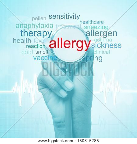 hand holding stethoscope with allergy word. medical concept