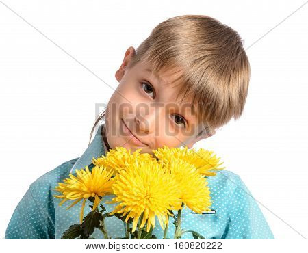Boy Holding A Bouquet Of Chrysanthemums