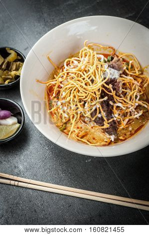 Khao soi Khao Soi Recipe Northern Style Curried Noodle Soup with coconut milk Northern Thai cuisine.