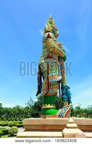 Kanjanaburi Thailand-July 19 : Demon Guardian statue at Wat Thipsukhontaram (similar statues to the Guardian in Wat Prakeaw Emerald Buddha Bangkok) on July 19 2016 Kanjanaburi Province Thailand.