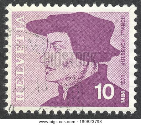 MOSCOW RUSSIA - CIRCA NOVEMBER 2016: a post stamp printed in SWITZERLAND shows a portrait of Huldrych Zwingli the reformer the series 