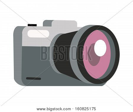Photo camera icon. Compact digital mirrorless photo camera with lens flat vector illustration isolated on white background. Modern electronics device for photography. For store ad, logo, web design