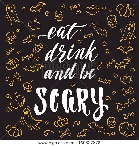 Vector handwritten brush words and pictograms for your design on chalkboard dark background.