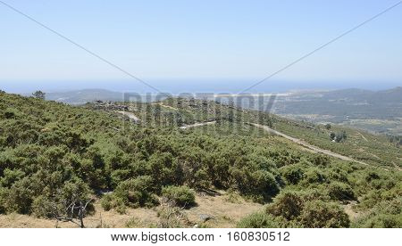 View of the coastline from the viewpoint of the Mountain La Curota in Ribeira Galicia Spain.
