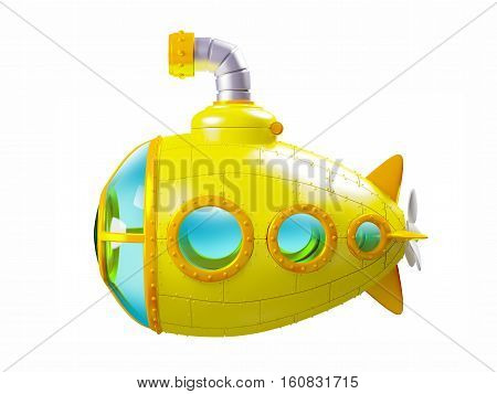 cartoon yellow submarine side view isolated on white. 3d illustration