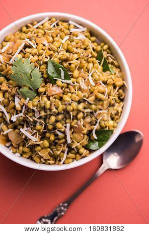 dry and simple moong dal usal or healthy sprouted Green gram spicy usal, fried in oil