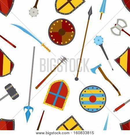 Ancient weapon and shields tool equipment pattern. Melee weapon. Cold weapon. Heraldic shields.