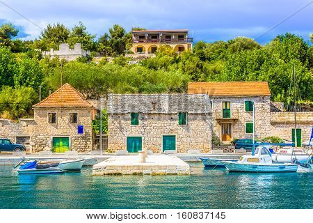 View at mediterranean scenery on small island in marble Croatia land, summertime in Europe.