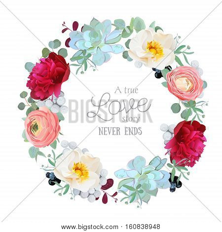 Seasonal mixed round frame with peony ranunculus succulents wild rose brunia blackberries and eucalyptus leaves. Vector design set. All elements are isolated and editable.
