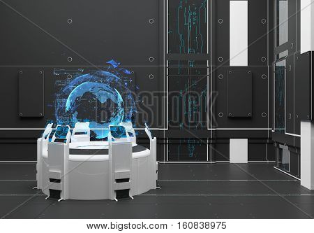Render Futuristic interior. Hologram Earth. UI interface touchscreen