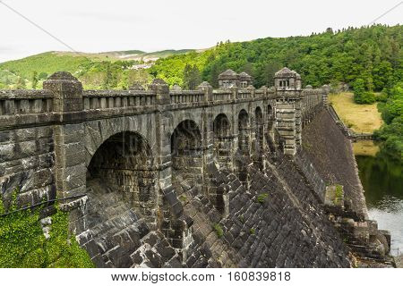 Dam of the Lake Vyrnwy reservoir. Supplies water to Liverpool. Powys Wales United Kingdom.
