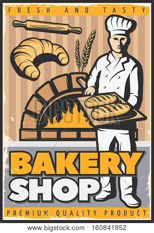Colorful poster for bake shop in vintage style with baker character with trencher and bread vector illustration
