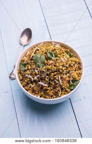 dry and simple moong dal usal or healthy sprouted Green gram spicy usal, fried in oil