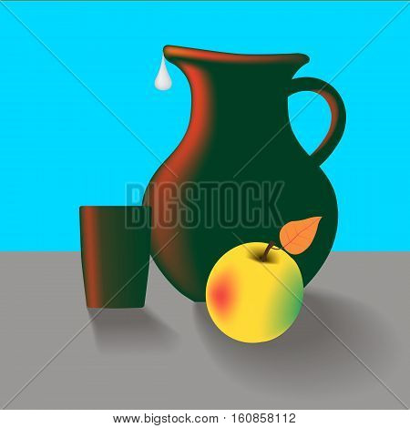 Old kitchen table still life with jug cup and apple
