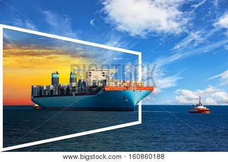Container ship on sea of sunrise and day - shipping concept.