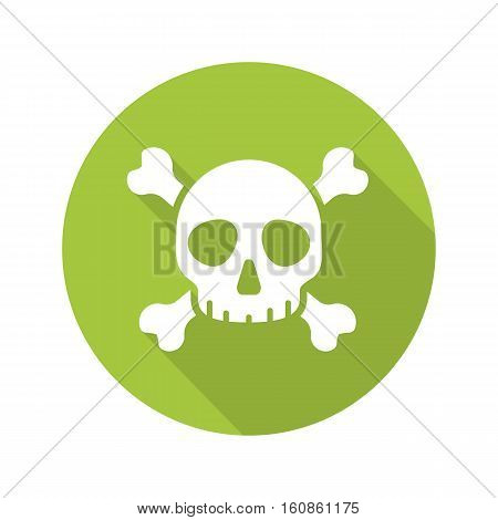 Poison danger flat design long shadow icon. Skull with crossbones. Death sign. Vector silhouette symbol