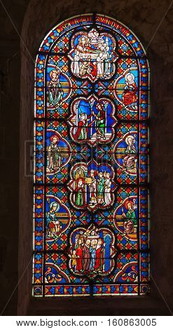 Poitiers France - September 12 2016: Colorful stained glass window in the Church of St. Radegund at Poitiers in France