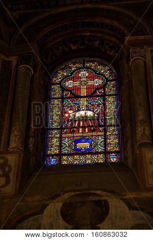 Poitiers France - September 12 2016: Colorful stained glass window in the Church of St. Radegund at Poitiers in France