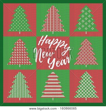 Christmas Greeting Card with red and green fir with decorations. On a green background knitted pattern and Happy New Year lettering. Scandinavian style. Winter Holiday Sweater Design. Vector Illustration.
