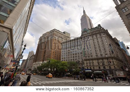 NEW YORK CITY - OCT. 3, 2011: Herald Towers and Empire State Building, New York City, USA. Herald Towers building at 1282 Broadway on the block between East 33rd and 34th Streets off of Herald Square.