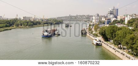Swimming cargo ships on the river in Rostov-on-Don
