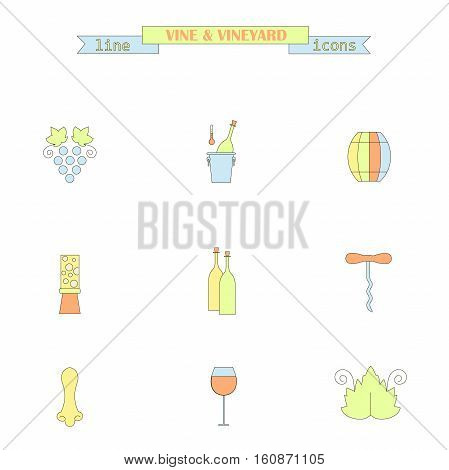 Set of color line icons with different wine elements - bottle, grape, corkscrew, vine leaf, glass, barrel. Stock vector illustration line style icon series