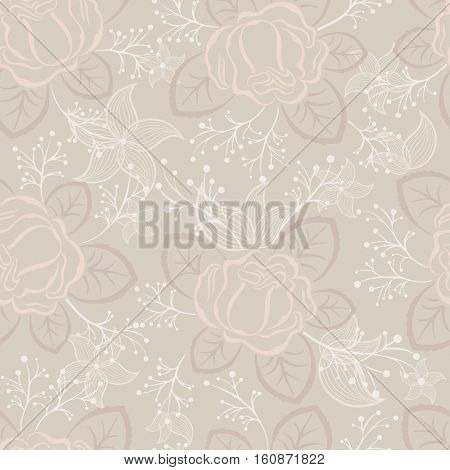 Seamless beige and white rose vector pattern.  