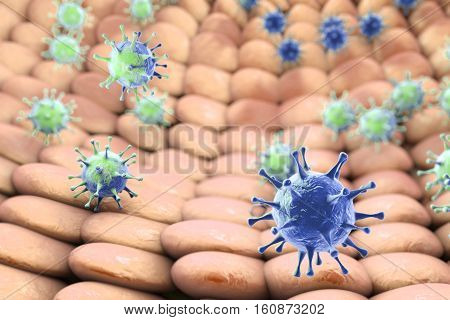 Viruses infecting human cells, 3D illustration. Conceptual image for pathogenesis of virus infection