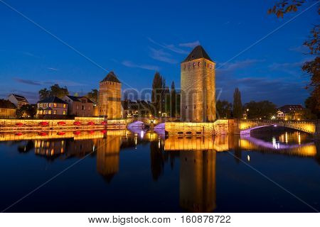 bridge Ponts Couverts of Strasbourg at night, France