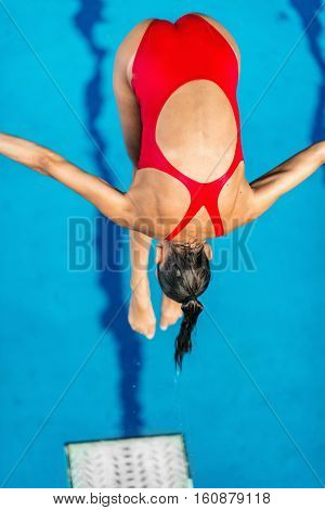 Female diver jumping into the pool from diving board