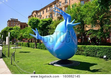 YEREVAN ARMENIA - MAY 2016: Modern art statue kiwi near the Yerevan Cascade a giant stairway in Yerevan Armenia.