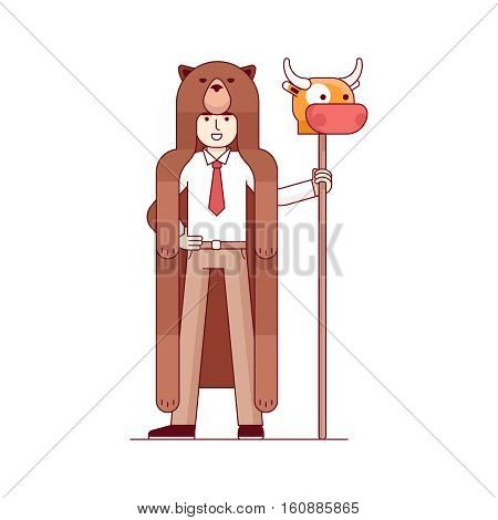 Stock exchange market bears metaphor. Businessman wearing bear pelt and holding bull head on a spear. Trading business concept. Modern flat style thin line vector illustration isolated on white.
