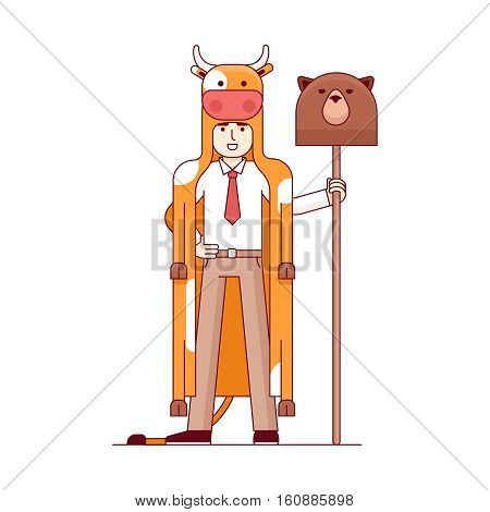 Stock exchange market bears metaphor. Businessman wearing bull pelt and holding bear head on a spear. Trading business concept. Modern flat style thin line vector illustration isolated on white.