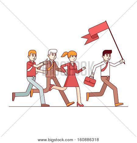 Business leader holding big flag and running leading the way to his fellow colleagues businessman people. Modern flat style thin line vector illustration. Concept isolated on white background.
