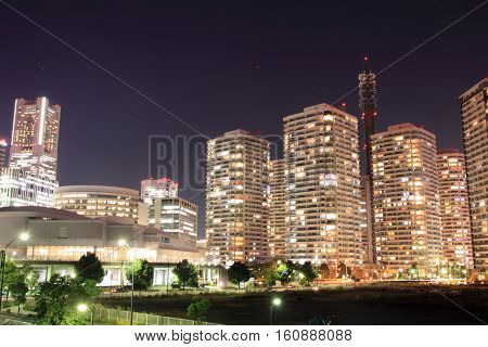 High-rise condominium in Yokohama Minatomirai 21 Japan (night scene)