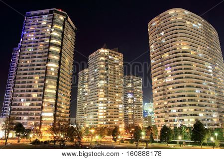 High-rise condominium in Yokohama Minatomirai 21 Japan (night scene)