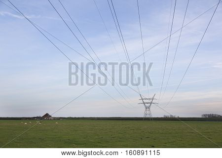 high voltage pylon and farm in rural area north of amsterdam in dutch polder purmer