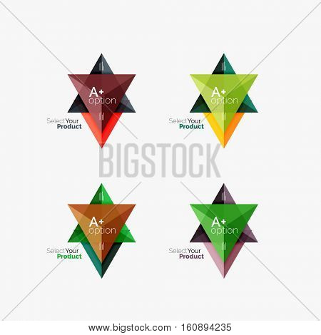 Set of triangle option infographic layouts. Select your product concept, make a choice idea