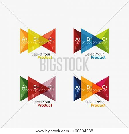 Set of triangle option infographic layouts. Select your product concept, make a choice idea