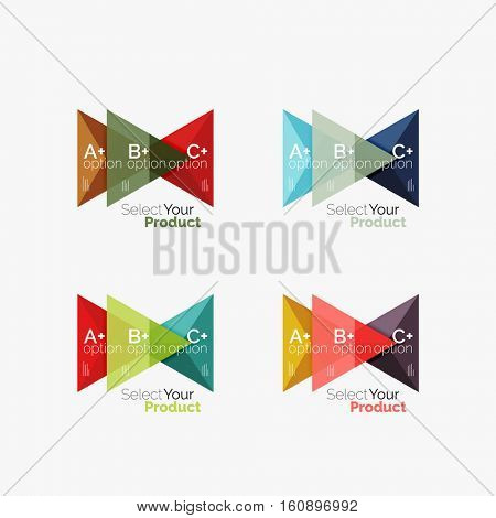 Set of triangle option infographic layouts. Select your product concept, make a choice idea