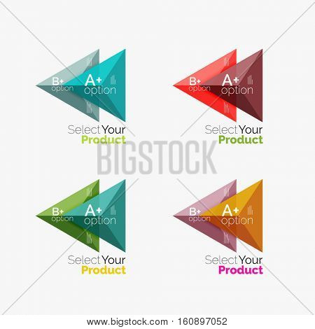 Set of triangle option infographic layouts. Select your product concept, make a choice idea