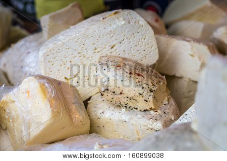 pieces of delicious white cheese with spices