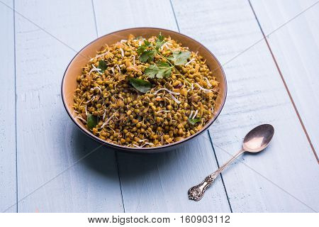 dry and simple moong dal usal or healthy sprouted Green gram spicy usal, fried in oil