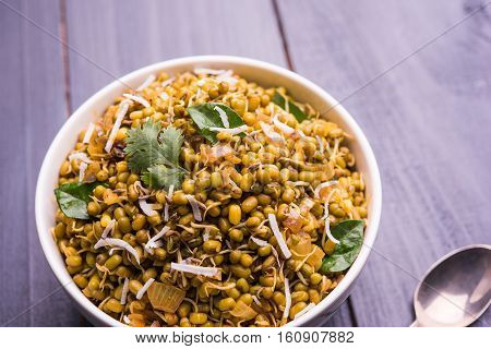 dry and simple moong dal usal or healthy sprouted Green gram spicy usal, fried in oil