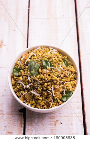 dry and simple moong dal usal or healthy sprouted Green gram spicy usal, fried in oil