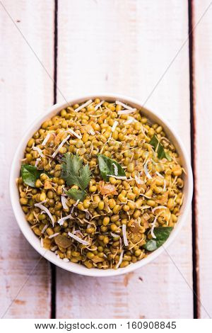 dry and simple moong dal usal or healthy sprouted Green gram spicy usal, fried in oil