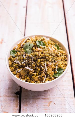 dry and simple moong dal usal or healthy sprouted Green gram spicy usal, fried in oil